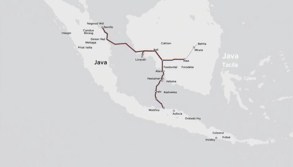 A detailed high-resolution digital illustration of the strategic route map of a high-speed rail network across the island of Java, Indonesia. The image should feature a clean, minimalist design with a focus on the train route, major cities, and intermodal transportation hubs. Depict the train line in a vibrant, eye-catching color against a muted, neutral background. Include topographical details such as rivers, mountains, and coastlines to provide geographic context. The overall aesthetic should convey a sense of modernity, efficiency, and technological progress befitting the subject of a high-speed rail system.