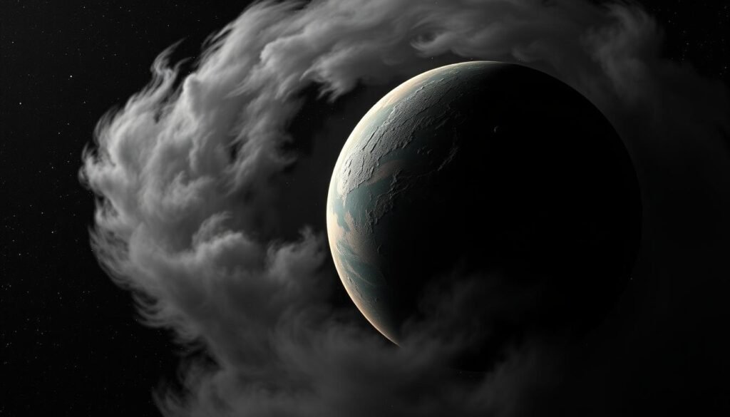 A detailed, hyper-realistic rendering of the exoplanet TRAPPIST-1 e, an Earth-like world orbiting a cool dwarf star 40 light-years from Earth. The planet is depicted in the foreground, its surface covered in rugged, cratered terrain illuminated by the dim, reddish light of its host star. In the middle ground, swirling clouds of atmospheric gases envelop the planet, hinting at a potentially active and dynamic climate. The background showcases the vast, inky blackness of deep space, punctuated by the twinkling of distant stars. The overall scene conveys a sense of mystery and wonder, inviting the viewer to ponder the profound implications of discovering an Earth-like world beyond our solar system.