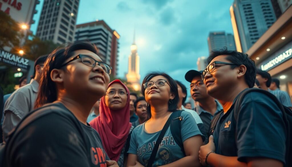 A diverse group of Jakarta residents, gathered in an urban setting, intently focused on observing an unusual light in the sky. The scene is captured with a wide-angle lens, showcasing the local community's sense of wonder and curiosity. Soft, warm lighting illuminates the faces of the people, creating an intimate and engaging atmosphere. The background features recognizable landmarks, providing a sense of place and context. The overall composition emphasizes the shared experience and collective fascination of the "warga" (local residents) as they grapple with the mysterious celestial phenomenon. Menguak Misteri Cahaya Aneh