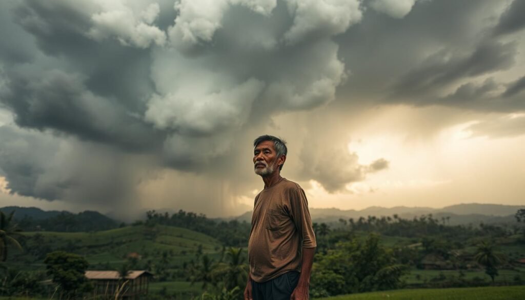 A dramatic storm raging over a rural Indonesian landscape, with towering cumulonimbus clouds casting ominous shadows across rolling hills and lush green fields. Rain pours down in thick, torrential sheets, the wind howling and whipping the trees. In the foreground, a weathered farmer stands resolute, bracing against the tempest, surveying the churning skies with a concerned expression. Dramatic lighting from the storm illuminates the scene, creating deep contrasts and dramatic shadows. The atmosphere is one of power, unpredictability, and the force of nature. Captured with a wide-angle lens to emphasize the scale and grandeur of the extreme weather event.