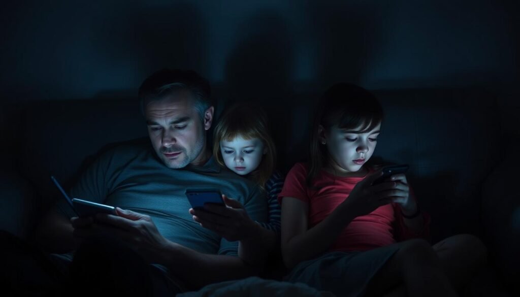 A family of four, each member immersed in their own digital device, oblivious to their physical surroundings. Dim lighting casts an ominous glow, highlighting the stark contrast between their disconnected postures. The father's slumped shoulders, the mother's vacant stare, the children's glazed expressions convey a sense of isolation and detachment. The scene evokes a haunting atmosphere, a cautionary tale of the perils of excessive social media consumption and its impact on physical and emotional well-being.