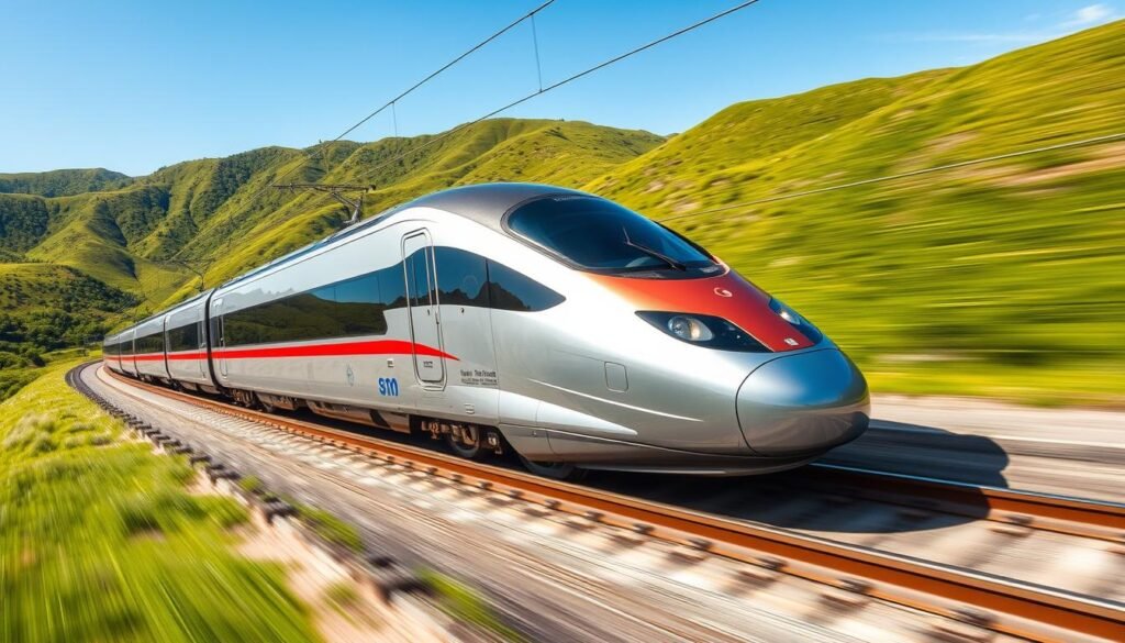 A high-speed train gliding through a vibrant landscape, its sleek, aerodynamic design cutting through the air. The train's gleaming metallic body reflects the sunlight, its windows shimmering as it accelerates down the tracks. The scene is framed by lush green hills and a clear blue sky, creating a sense of speed and forward momentum. The train's powerful engine propels it forward, its powerful acceleration capturing the excitement and progress of this advanced transportation technology. The entire composition exudes a sense of modernity, efficiency, and the promise of a faster, more connected future.
