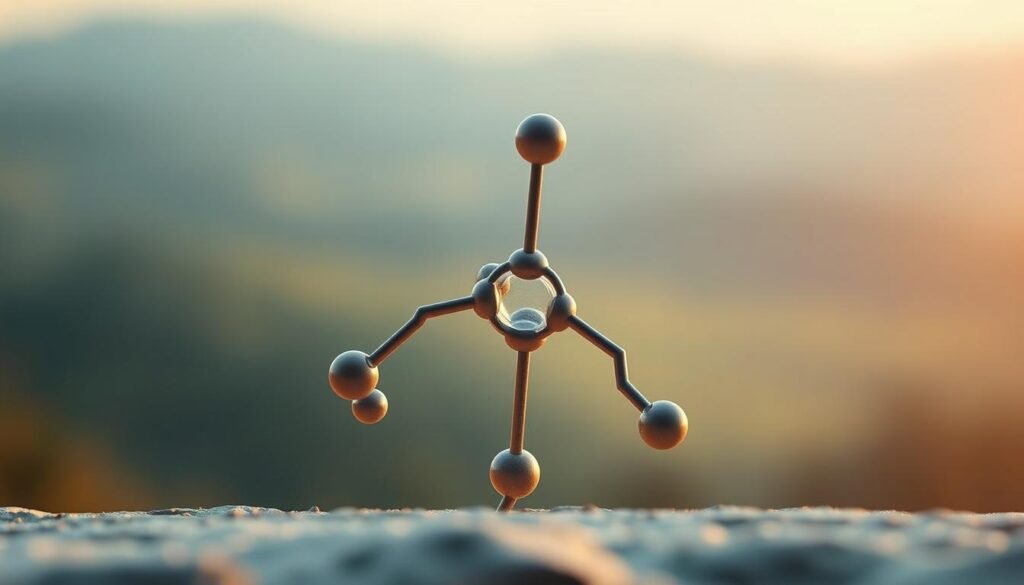 A highly detailed, photorealistic image of a molecular structure of insulin, rendered in a clean, minimalist style. The insulin molecule is positioned in the foreground, with a crisp, well-defined structure showcasing its key components. The background is a serene, softly blurred landscape, suggesting a natural, biological setting. Subtle warm lighting illuminates the insulin molecule, creating a sense of depth and dimension. The overall composition is balanced and visually striking, effectively conveying the scientific and medical significance of insulin.