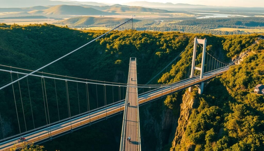 A magnificent suspension bridge spans a lush, verdant gorge, its steel cables and graceful arches gleaming in the warm, golden sunlight. The bridge's sturdy, modern design blends seamlessly with the rugged natural landscape, exuding a sense of strength and engineering prowess. In the foreground, pedestrians and cyclists cross the bridge, their figures dwarfed by the bridge's impressive scale. The middle ground reveals the bridge's intricate support system, with towers and anchors firmly grounded on either side of the chasm. In the distance, a panoramic vista of rolling hills and lush forests frames the scene, creating a breathtaking backdrop. The overall mood is one of awe-inspiring grandeur, highlighting the bridge's technological marvels and its harmonious integration with the surrounding environment.