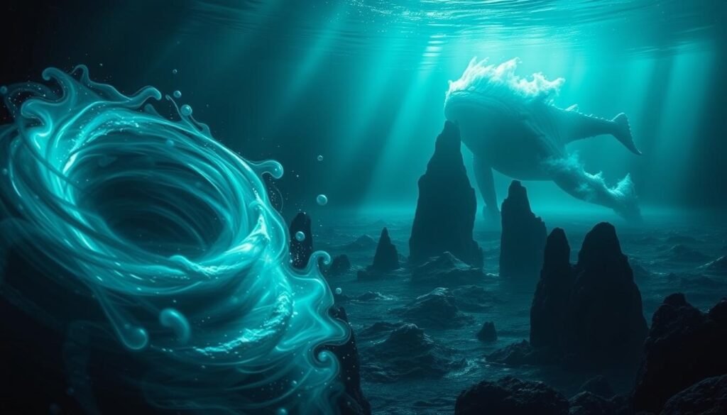 A mysterious, otherworldly underwater scene with a powerful, rumbling sound emanating from the depths of the ocean. In the foreground, a swirling vortex of ghostly, luminescent forms sways and pulses, casting an eerie glow. The middle ground reveals a vast, dark expanse of the open sea, with towering, jagged rock formations rising from the seabed. In the background, a distant, looming silhouette of an unidentified, massive creature breaches the surface, its powerful movements creating a thunderous splash. The entire scene is bathed in a cool, bluish-green hue, with shafts of light piercing through the murky water, adding to the sense of mystery and the unknown.