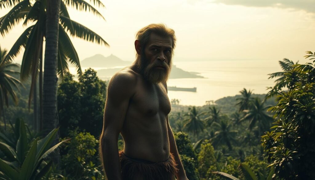 A primitive human figure stands amidst the lush, verdant landscape of ancient Sundaland, a vast landmass that connected the Indonesian archipelago to the Asian mainland during the Pleistocene epoch. Clad in simple animal skins, the Homo erectus individual stares intently, their weathered features reflecting the hardships of survival in this prehistoric world. Towering trees and dense foliage form the middle ground, while in the distance, the outline of a coastline and the shimmering waters of the Strait of Madura hint at the submerged land that was once this thriving ecosystem. Soft, diffused lighting casts a warm, golden glow, capturing the timeless essence of this ancient human presence in a landscape now lost to the rising seas.