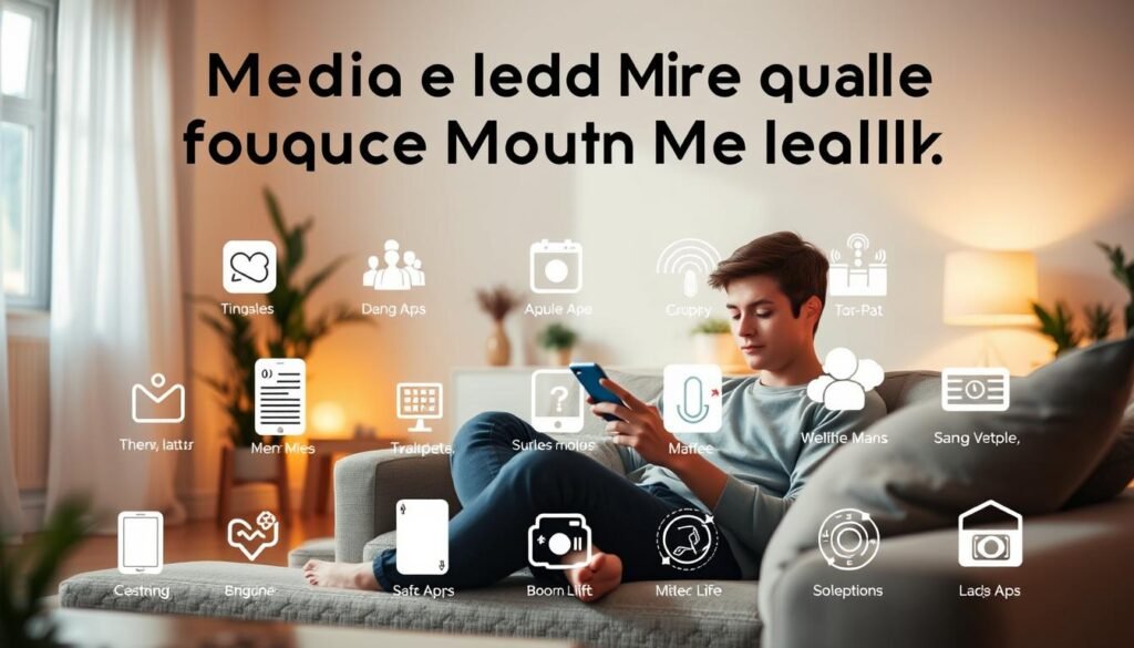 A serene and calming scene depicting the positive use of media for mental health. In the foreground, a young person relaxes on a cozy couch, mindfully scrolling through their smartphone. The middle ground features an array of therapeutic mobile apps and digital wellness tools. In the background, a softly lit room with warm, natural lighting creates a soothing ambiance. Subtle plant life and minimalist decor convey a sense of tranquility and balance. The overall mood is one of introspection, self-care, and the empowering potential of technology to support mental well-being.