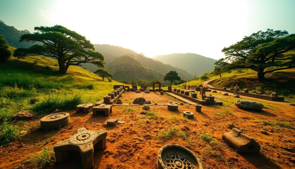 A serene landscape unfolds, where the Gilimanuk archaeological site lies nestled amidst lush vegetation. Verdant hills dotted with ancient trees frame the scene, casting warm, golden hues across the weathered terrain. In the foreground, intricate stone relics and artifacts from a bygone era peer out from the earth, hinting at the rich cultural tapestry that once thrived in this hallowed ground. The scene is captured through a wide-angle lens, allowing the viewer to fully immerse themselves in the grandeur of this historic setting. The overall mood is one of reverence and awe, inviting the observer to ponder the countless stories that these timeless remnants hold, waiting to be rediscovered and shared with the world.