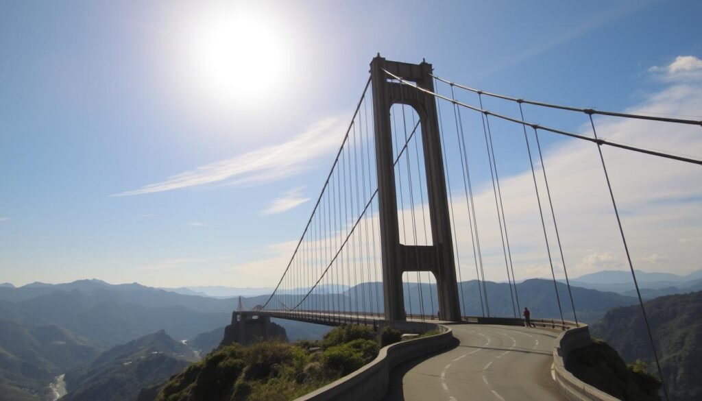 A towering suspension bridge spanning a vast, scenic valley, its elegant cables and towers rising majestically against a backdrop of lush, rolling hills and a cloudless azure sky. The sun casts a warm, golden glow over the sturdy, weathered wood and steel structure, inviting the viewer to imagine the breathtaking vistas that can be witnessed from its graceful span. In the foreground, a winding mountain road leads up to the bridge's entrance, where travelers can embark on a journey across this engineering marvel, the longest of its kind in Southeast Asia.