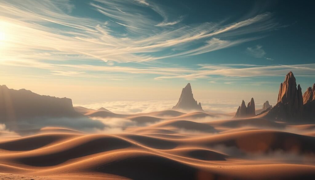 Atmospheric Planetary Vista: A serene alien world, its atmosphere shimmering with hues of azure and cerulean. Wispy cirrus clouds drift lazily across the sky, illuminated by the warm glow of a distant sun. Jagged, rocky outcroppings rise from the undulating terrain, casting long shadows across the gently rolling landscape. The scene exudes a sense of tranquility and wonder, inviting the viewer to ponder the mysteries of this distant, yet alluring celestial body.