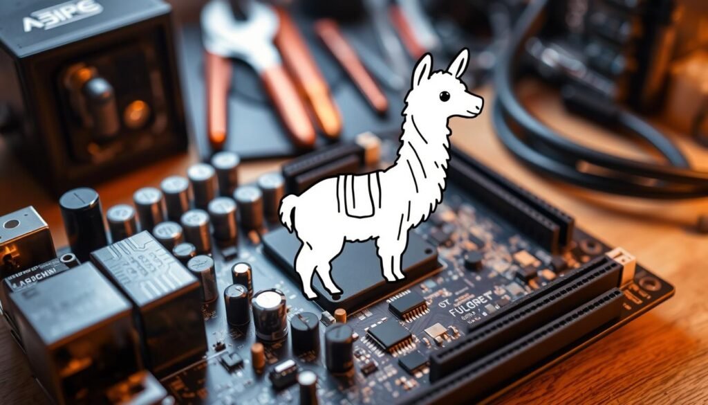 A detailed depiction of an old motherboard showcasing its secure boot feature, prominently featuring a unique llama-shaped design element integrated into the circuit layout. The foreground highlights the motherboard's connectors and circuits, with intricate detailing of capacitors and chips glimmering under soft, diffused lighting. In the middle ground, the llama is stylized but harmonious with the technical components, exhibiting a playful yet sophisticated character. The background features blurred silhouettes of a tools and computer components setup, conveying a workshop ambiance. The atmosphere is focused and professional, utilizing a slight overhead angle to capture the complexity of the motherboard while enhancing the llama feature, all bathed in warm, inviting light to evoke creativity in technical installations.