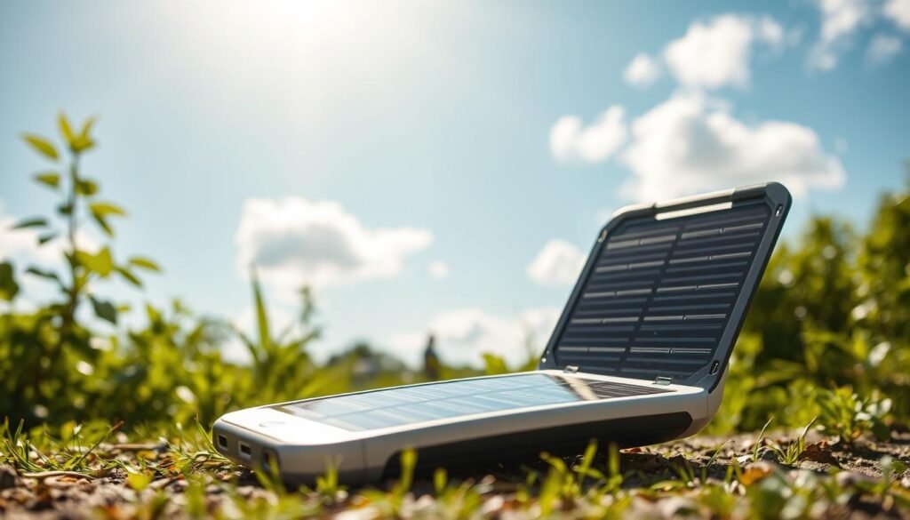 A futuristic portable solar power bank sits prominently in the foreground, crafted from sleek, durable materials, showcasing its foldable solar panels elegantly spread out to capture light. The surface reflects a glossy finish, indicating advanced technology and high efficiency. In the middle ground, a vibrant outdoor scene unfolds under bright sunlight, with greenery surrounding the product, symbolizing its sustainability. The background captures a blue sky dotted with a few soft clouds, enhancing the atmosphere of a sunny day. The lighting is bright and natural, casting soft shadows that highlight the contours of the power bank. The mood is upbeat and hopeful, emphasizing innovation in renewable energy solutions, perfect for eco-conscious consumers. The angle is slightly elevated, providing a clear view of the product’s features while emphasizing its practical application for outdoor enthusiasts.