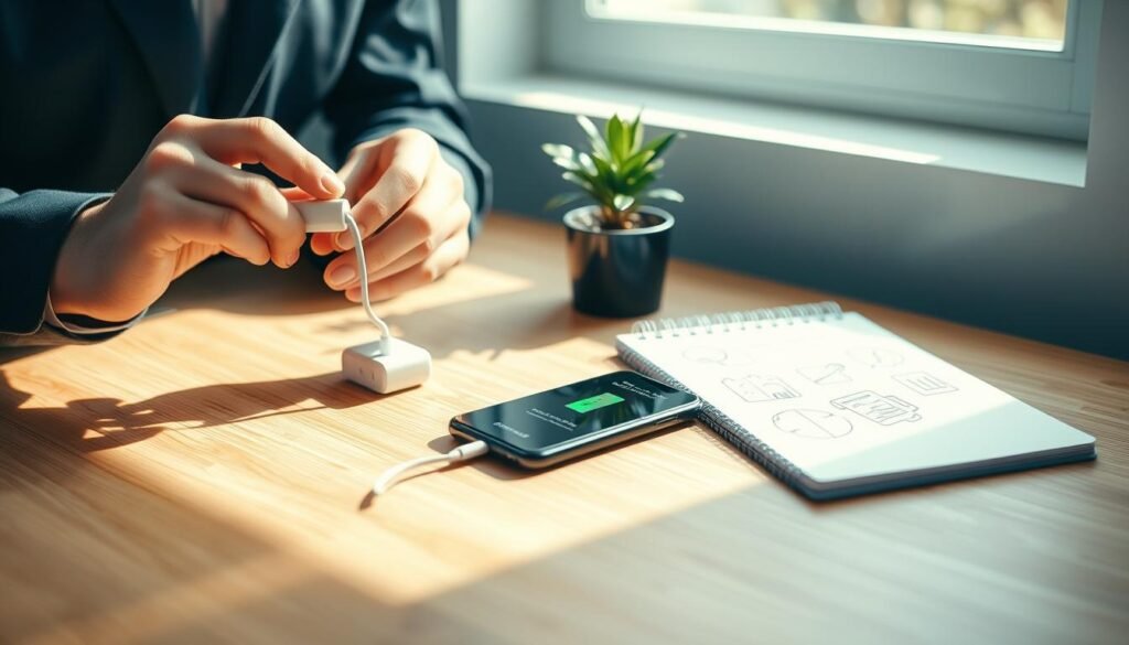 A modern smartphone placed on a sleek wooden desk, displaying an essential battery health monitoring app on its screen. In the foreground, a pair of hands, dressed in professional attire, carefully unplugging a charger from the phone, symbolizing mindful charging habits. The middle ground features a small potted plant and a notebook with sketches of battery care tips, creating an organized work environment. In the background, soft natural light streams through a window, casting gentle shadows that enhance the peaceful atmosphere. The mood is calm and focused, emphasizing the importance of practicing good battery maintenance habits to prolong smartphone life.