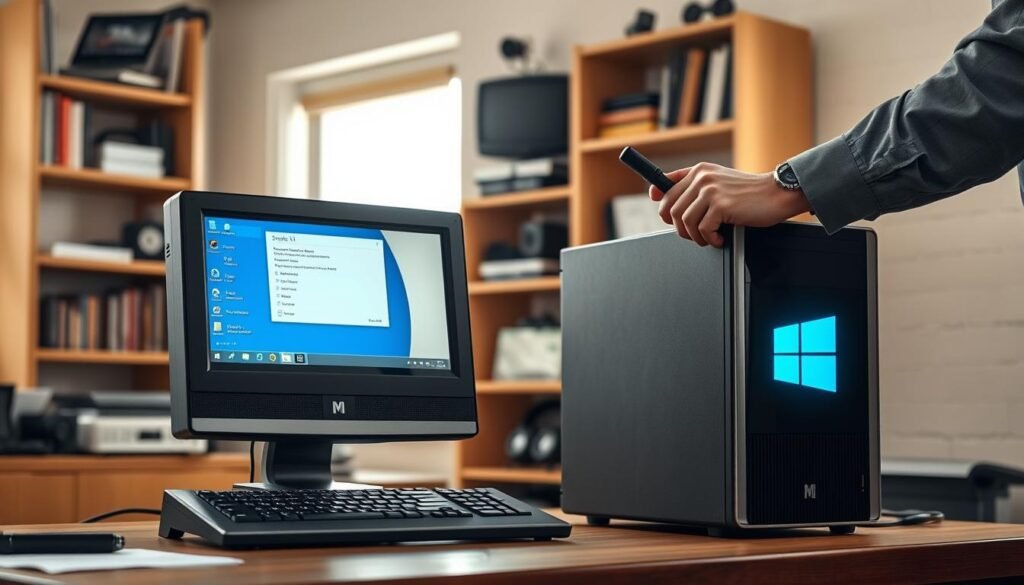 A vintage desktop computer running Windows 11, situated on a well-organized wooden desk. The foreground features the glowing screen displaying the Windows 11 interface, with system optimization tools open on the screen. In the middle ground, a pair of hands in business-casual attire are adjusting the computer with a screwdriver. Behind them, shelves filled with tech books and gadgets add depth to the scene. Soft, natural lighting filters in through a nearby window, creating a warm atmosphere that enhances the focus on the computer. The overall mood reflects a sense of productivity and innovation, emphasizing the transformation of an old PC with modern software.