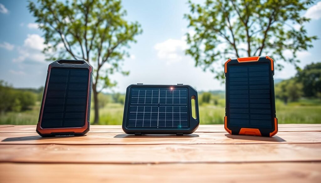 An informative and visually appealing comparison image featuring three portable solar power banks arranged on a wooden table in a bright, natural outdoor setting. The foreground showcases each power bank with distinct features, such as different panel sizes and colors, clearly highlighting their design differences. In the middle ground, solar panels catch glimmers of sunlight, demonstrating their efficiency. In the background, a serene landscape of green trees and a clear blue sky adds depth to the scene, enhancing the focus on solar energy. Soft lighting creates an inviting atmosphere, emphasizing the innovation and eco-friendliness of the products. The angle is slightly above eye level, providing a comprehensive view of both the products and the surroundings, with no text or distractions in the frame.