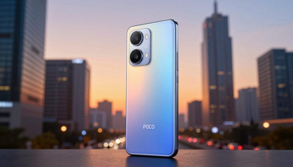 A sleek POCO F7 Ultra smartphone showcased prominently in the foreground, angled slightly to reveal its stylish design and vibrant display. The device features a modern aesthetic with a glossy finish, highlighting its cutting-edge technology. In the middle ground, a blurred image of a tech-savvy urban environment conveys a sense of innovation and connectivity, with skyscrapers and bustling streets in soft focus. The background displays a gradient sunset sky, casting warm, inviting light that enhances the device's features. The overall atmosphere is dynamic and contemporary, evoking a feeling of reliability and sophistication. Use a wide-angle lens perspective to capture the essence of the smartphone in a lively setting, aiming for a clean, professional look with no distractions.