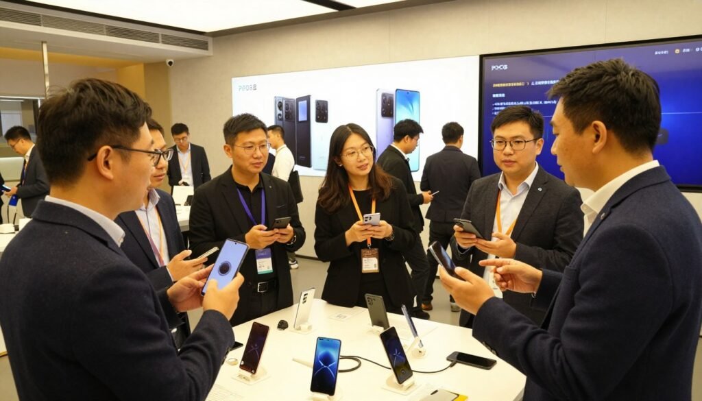 A vibrant scene depicting a technology fan community engaged in discussions about mobile devices. In the foreground, a diverse group of people, dressed in professional business attire, enthusiastically sharing ideas, holding smartphones, and showcasing their favorite tech gadgets. In the middle, a table filled with the latest mobile technology, including POCO devices and accessories, sparks curiosity and interaction. The background features a modern, well-lit tech space with posters of popular smartphones and a large screen displaying community engagement stats. The atmosphere is energetic and collaborative, with warm lighting that creates a welcoming environment. Use a slight wide-angle lens to encapsulate the lively interaction and excitement among the fans.